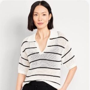 Old Navy Open Stitch Knit Polo 100% Coton Sweater with Black Stripes Size Medium